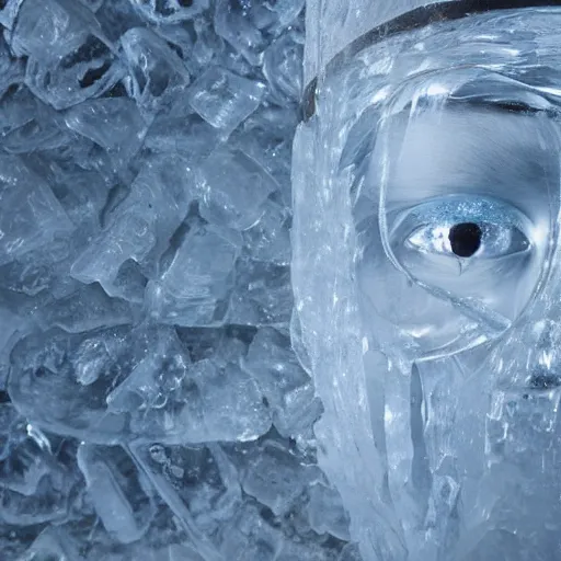 Prompt: see through clear sheet of ice sheet of ice in front of face face face behind ice face behind ice wide eyes