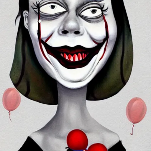 Image similar to grunge cartoon painting of margot robbie with a wide smile and a red balloon by chris leib, loony toons style, pennywise style, corpse bride style, horror theme, detailed, elegant, intricate