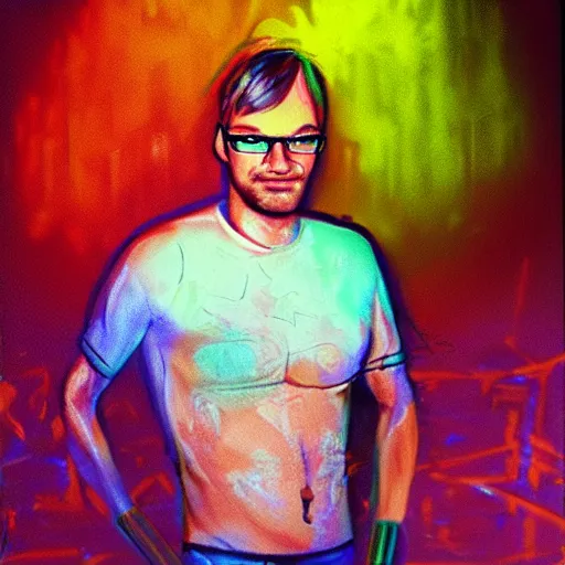 Image similar to jeffrey dahmer in a nightclub with glowsticks, late 7 0 s polaroid photo, digital painting, ultradetailed, artstation, oil painting, ultradetailed, artstation