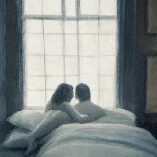 Prompt: a couple in bed next to a window, rainy Sunday, moody