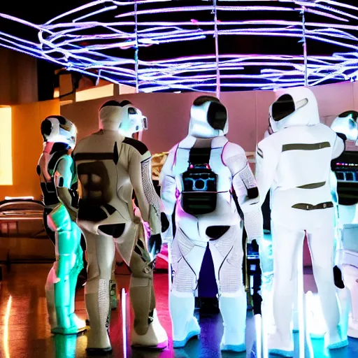 Image similar to love, diverse soft cybersuits, from behind, connection rituals, wide wide angle, vivid, elaborate, highly detailed, beautiful lighting