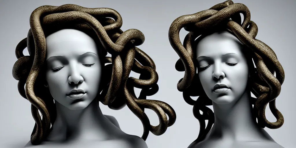 Image similar to modern sculpture, young woman as medusa, multiple poses, prominent jawline