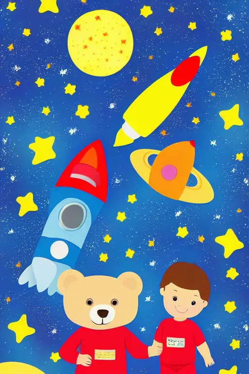 Prompt: a beautiful boy in pajamas and a bear, next to them a ship in the form of a space rocket in the background a galaxy full of stars, a planet full of holes, magic world. colorful, children's book cover