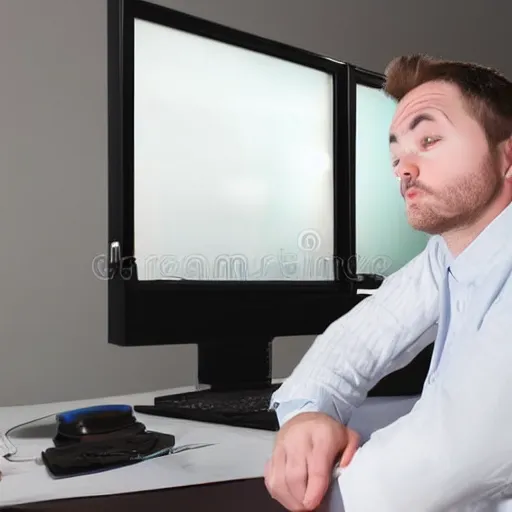 Image similar to A photo of a scared man in front of a computer, realistic, stock photo