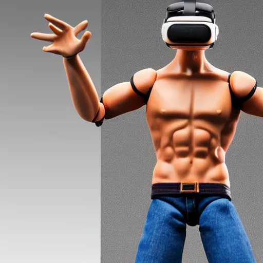 Image similar to action figure of a skinny blonde male wrestler wearing a vr headset and wearing a t - shirt and jeans, high detail, realistic,