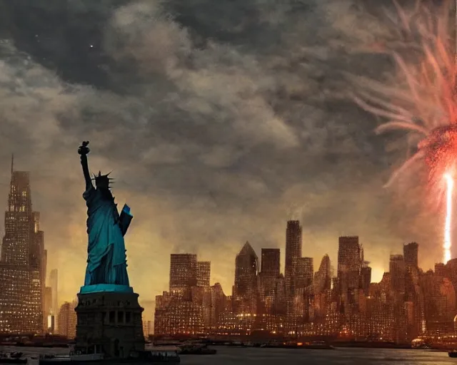 Prompt: giant Donald Trump shooting rockets at the Statue of Liberty in Manhattan, post apocalyptic New York, craig mullins, dramatic lighting, very detailed