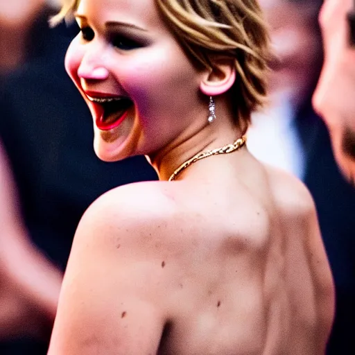 Image similar to beautiful hyperrealism hyperdetailed candid portrait of jennifer lawrence smiling widely in happy disbelief because of a marriage proposal from jennifer lawrence, flushed face, red blush, puffy lips, soft features, 8 k, sharp focus, golden hour, beach setting
