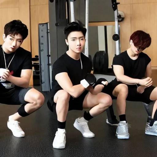 Prompt: the k-pop band EXO lifting weights in the gym, photo-realistic, highly detailed