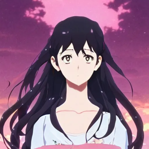 Image similar to portrait of a girl in her 2 0 s with wavy black hair, anime fantasy illustration by makoto shinkai and tomoyuki yamasaki, madhouse, ufotable