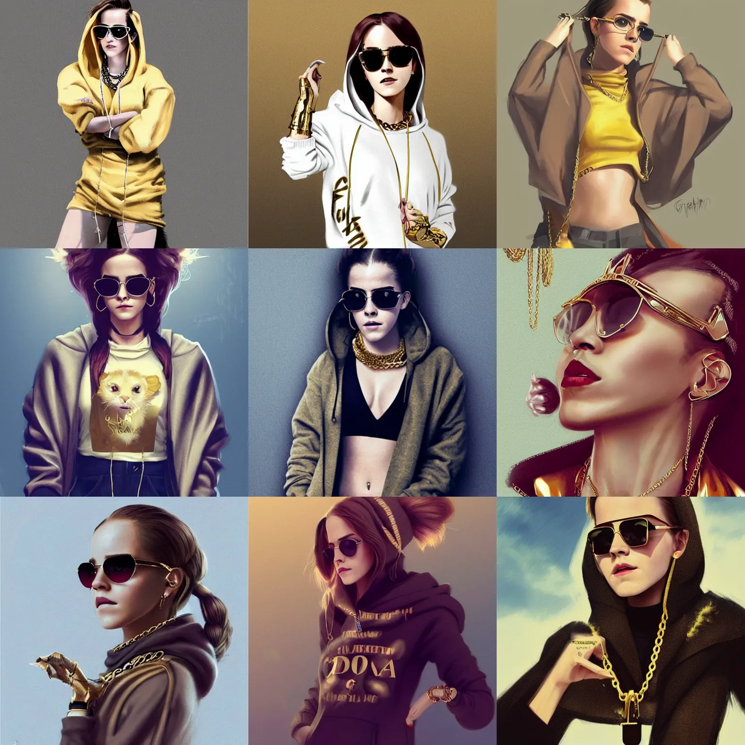 Prompt: Emma Watson full body wearing designer hoodie as doja cat as cardi b wearing gold chain and sunglasses and gold hoop earrings by greg rutkowski by artgem trending on artstation hero concept art