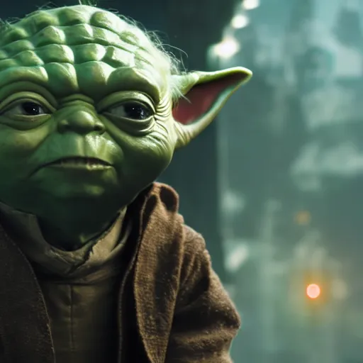 Image similar to yoda as pickle rick in gears of war, splash art, movie still, cinematic lighting, dramatic, octane render, long lens, shallow depth of field, bokeh, anamorphic lens flare, 8 k, hyper detailed, 3 5 mm film grain