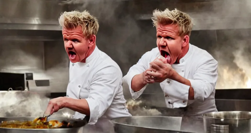 Prompt: photo of angry furious gordon ramsay smashing a dish in gordon ramsay's face at the kitchen