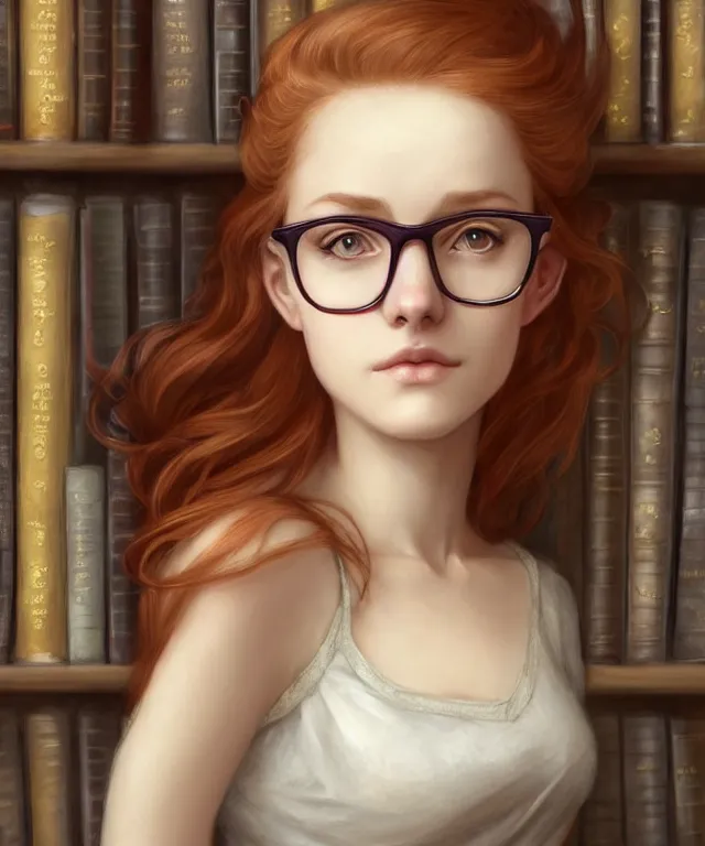 Prompt: cute female librarian in beautiful library by charlie bowater and titian and artgerm, full - body portrait, intricate, face, bookshelves, ginger hair, grey eyes, dust, elegant, beige mist, beautiful, highly detailed, dramatic lighting, sharp focus, trending on artstation, artstationhd, artstationhq, unreal engine, 4 k, 8 k