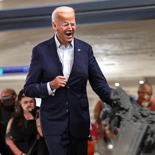 Image similar to joe biden getting really angry at the baby miners for being late to work, pointing at his watch and the babies are covered in coal and jelly, michaelangelo in miami during a snow storm at the airport