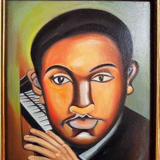 Prompt: 3 0 years old man playing piano, oil painting, front facing, medium dark skin