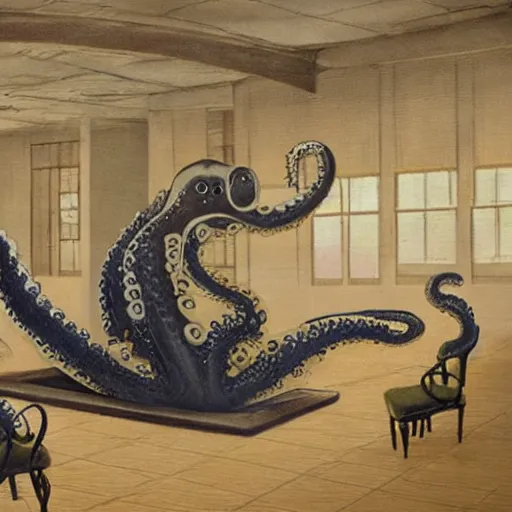 Image similar to cartoonish lab with a large realistic octopus floating in the center dimly lit