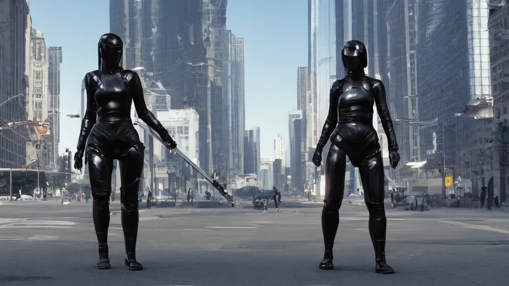 Prompt: modern sci-fi ninja woman with a mechanical sword and translucent shiny armour, walking towards oncoming traffic in downtown chicago, daytime, matte painting, unreal engine, cinematic camera, mirrors edge, inception