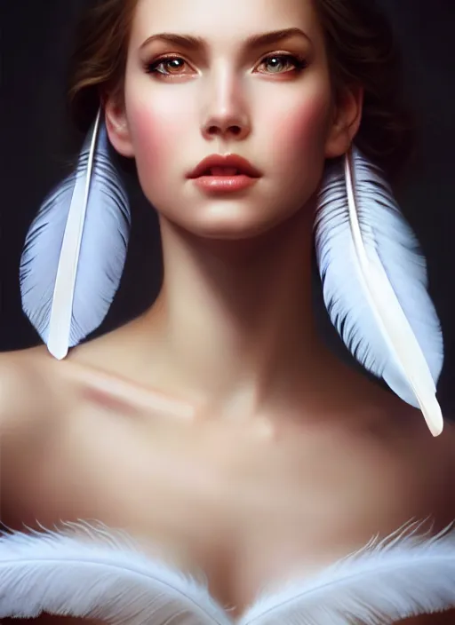 Prompt: a gorgeous female photo, professionally retouched, soft lighting, wearing a feather dress, realistic, smooth face, perfect eyes, wide angle, sharp focus on eyes, 8 k high definition, insanely detailed, intricate, elegant, art by artgerm and greg rutkowski and j scott campbell