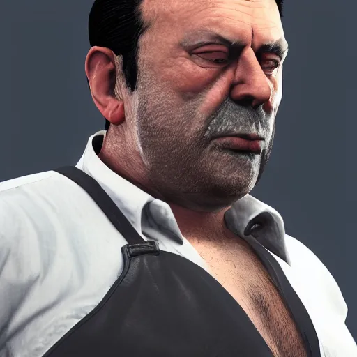Prompt: a midage italian male, beardless, short black hair with gel, overweight, fine white shirt, leather belt, black pants, leather shoes, smoking a cigar, close up, gta v style, concept art, highly detailed, hyper realistic, unreal engine
