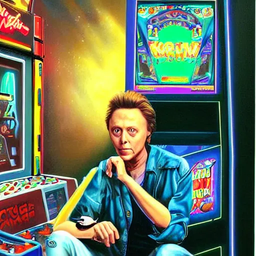 Image similar to portrait of christopher walken in a 1 9 8 0 s arcade, an oil painting by ross tran and thomas kincade