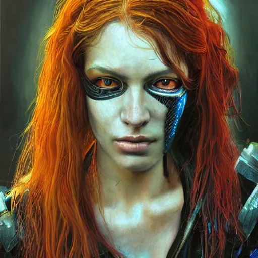 Prompt: a hyperrealistic portrait painting of a beautiful female cyberpunk warrior, by alan moore, highly detailed,