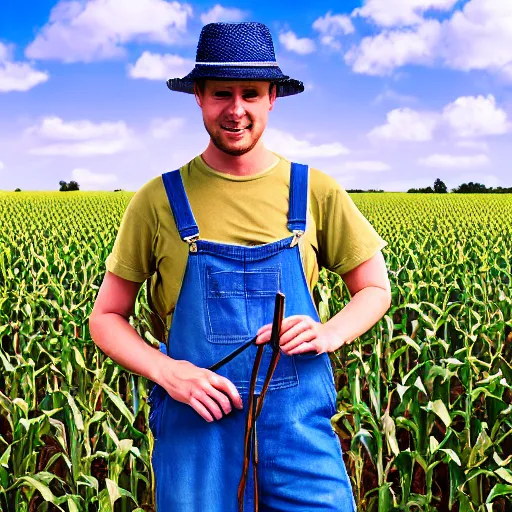 Image similar to a photo of a robot farmer wearing a straw hat blue overalls in the corn field, photorealistic, 8 k, castle background