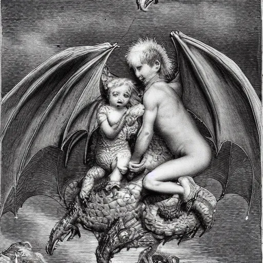 Prompt: baby dragon by gustave dore