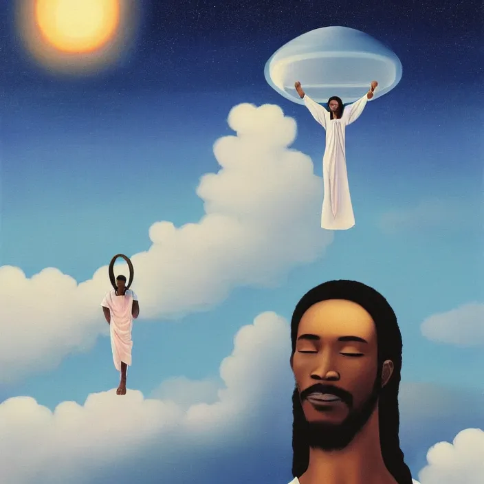 Image similar to UFO hovering over an African Jesus , clouds, painting by Hsiao-Ron Cheng,