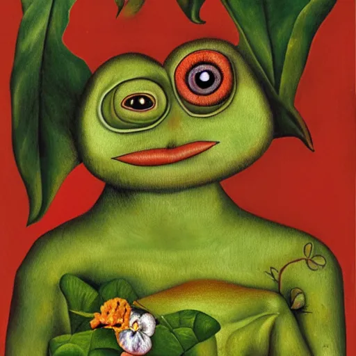 Prompt: pepe the frog by frida kahlo