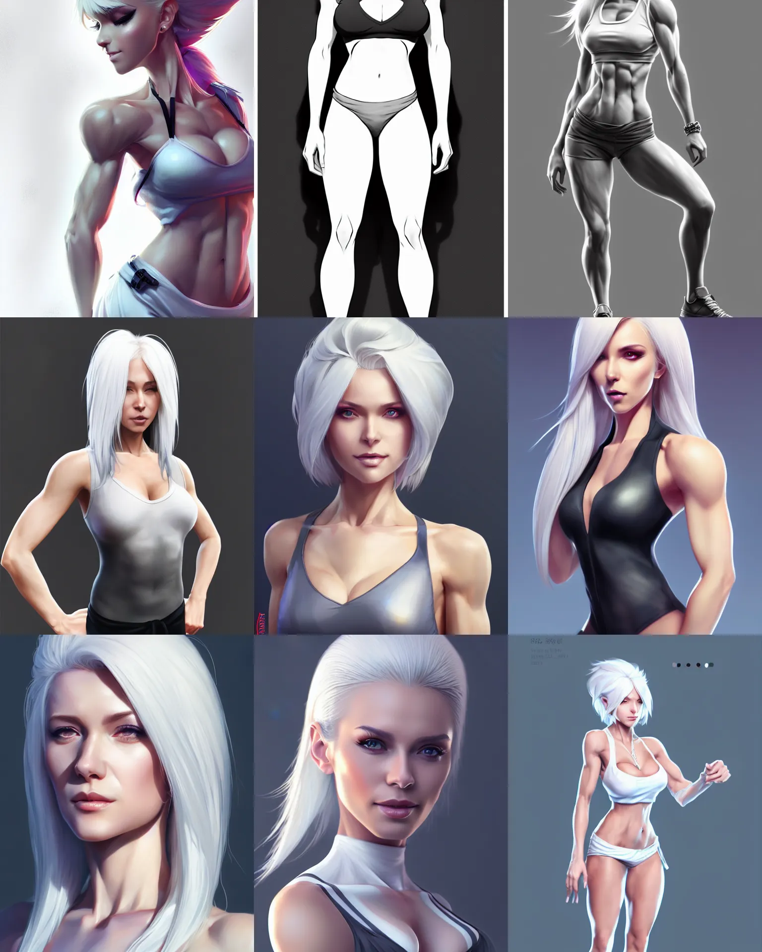 Prompt: full body character concept art of a gorgeous stylish white haired female fitness coach | | distinct - fine, key visual, realistic shaded perfect face, fine details by stanley artgerm lau, wlop, rossdraws, james jean, andrei riabovitchev, marc simonetti, sakimichan, and jakub rebelka, trending on artstation