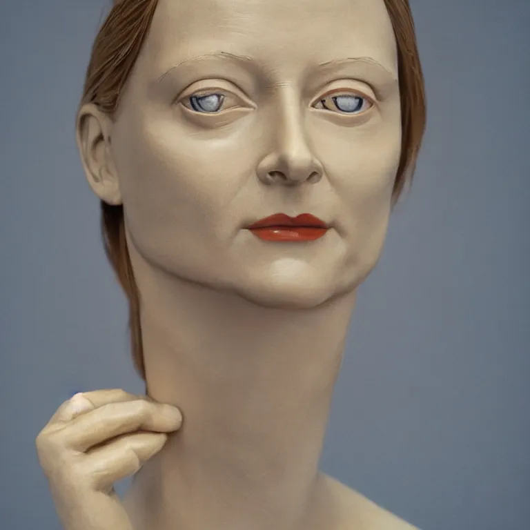 Image similar to studio photograph of colorful postmodern portrait sculpture of jodie foster, beautiful symmetrical!! face accurate face detailed face realistic proportions, made of spray - painted beeswax on a pedestal by ron mueck and matthew barney and greg rutkowski, hyperrealism cinematic lighting shocking detail 8 k