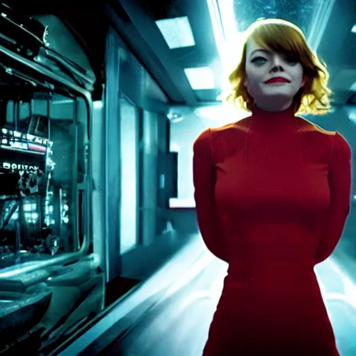 Image similar to movie still of robot emma stone, cinematic composition, cinematic light, criterion collection, by edgar wright