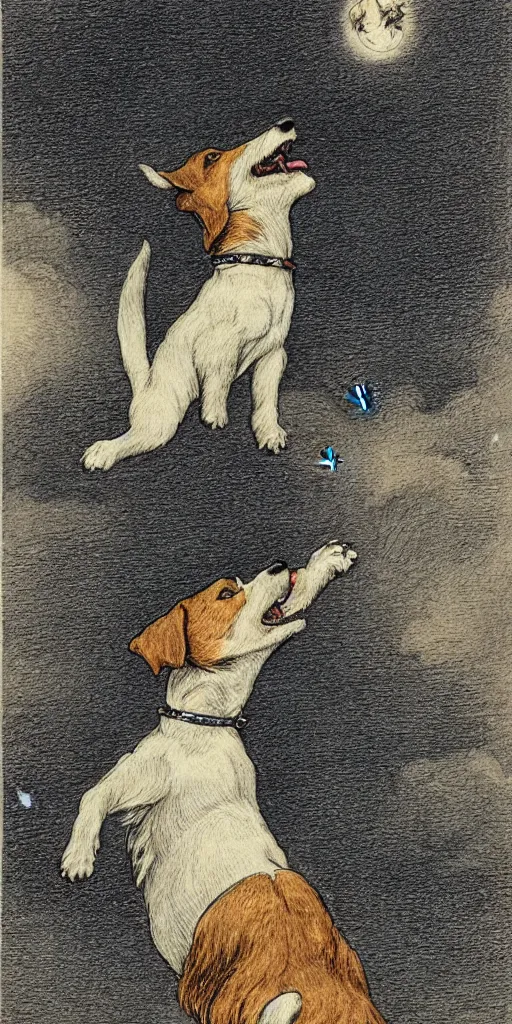 Image similar to jack russel dog looking up and howling with mouth open sad, night sky, highly detailed, side view, illustrated by peggy fortnum and beatrix potter and sir john tenniel