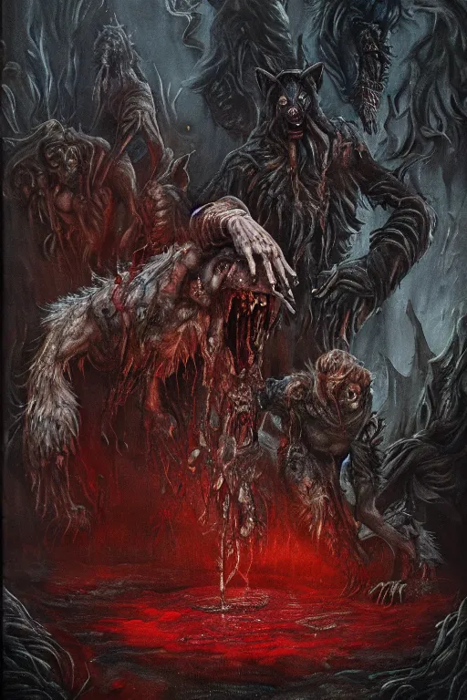 Prompt: wet werewolf oil painting, horror, lovecraftian horror, bloody, pools of blood, reflecting, set in the bloodborne videogame