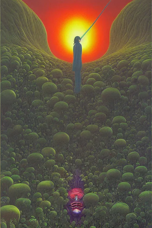 Image similar to ghibli world high contrast colourful shiny painting by zdzisław beksinski