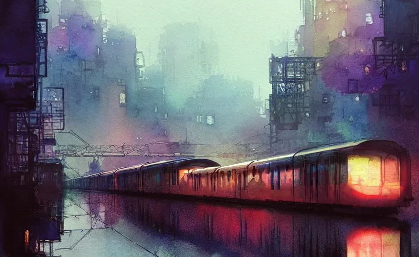 Prompt: an urban train rides inside of a waterway on a fantasy city. intricate, amazing composition, colorful watercolor, by ruan jia, by maxfield parrish, by marc simonetti, by hikari shimoda, by robert hubert, by zhang kechun, illustration, gloomy, volumetric lighting