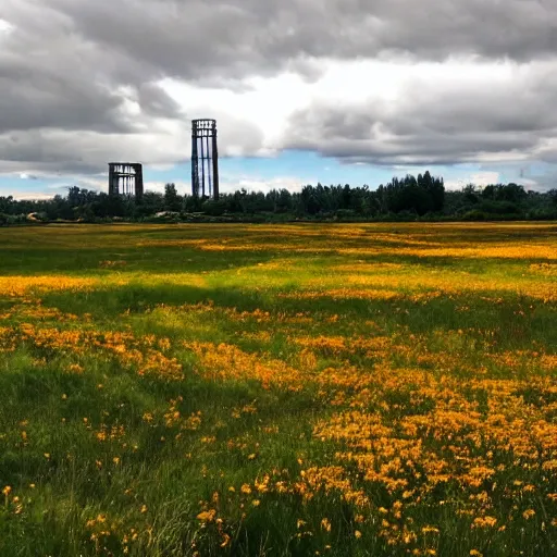 Image similar to a beautiful meadow in the middle of dirty industrial complex,