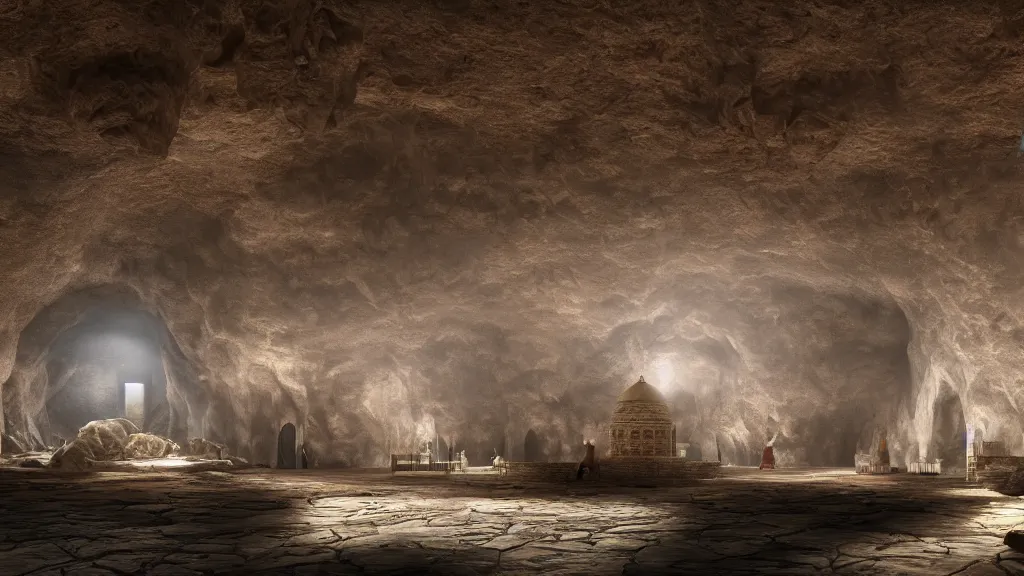 Image similar to A mosque inside a cave, cinematic lighting, photorealistic, hyperdetailed 3D matte painting, hyperrealism, hyperrealistic, 8k ultraHD octane render