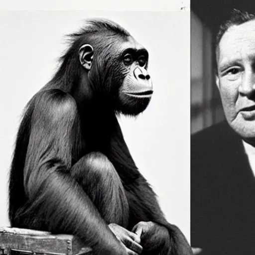 Image similar to 8 k, uhd, historical photos circa 1 9 4 7, smart orang utan professor meet richard feyman