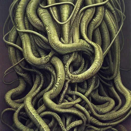 Image similar to medusa by zdzisław beksiński, dariusz zawadzki, jeffrey smith and h.r. giger, oil on canvas, 8k highly professionally detailed, trending on artstation