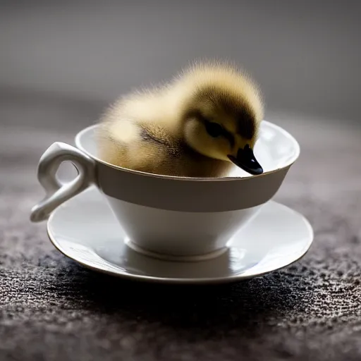 Prompt: duckling in a teacup, photography, minimalistic, 8 k