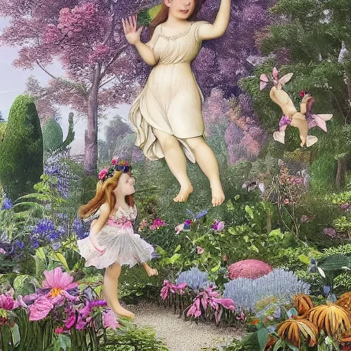 Prompt: a whimsical garden scene. In the art installation, a young girl can be seen playing among the flowers and trees, while a fairy watches over her. blueprint by Raphael Lacoste, by Kent Monkman ghastly