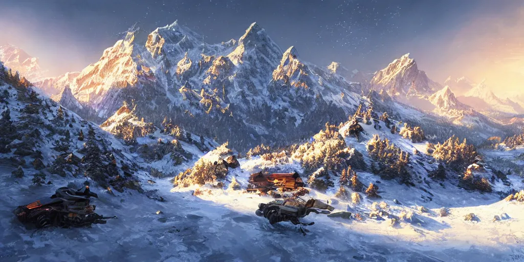 Image similar to let freedom ring from the snow - capped rockies of colorado. let freedom ring from the curvaceous slopes of california. ultrafine highly detailed hyper colorful illustration, sharp focus, rozalski, craig mullins, unreal engine highly rendered, global illumination, radiant light, intricate and detailed environment