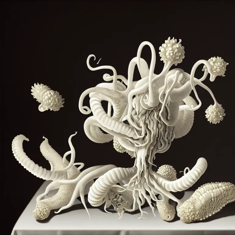 Image similar to still life of white flowers on a table, white alien squid, white octopus, , surreal alien ribbed white fruit, white human spine, baroque painting, beautiful detailed intricate insanely detailed octane render trending on Artstation, 8K artistic photography, photorealistic, chiaroscuro, Raphael, Caravaggio