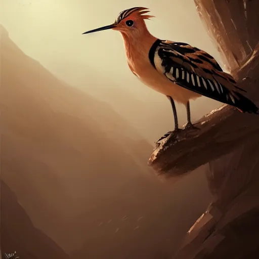 Image similar to hoopoe with big open crest in avila pinewood, 4 k, concept art, by wlop, ilya kuvshinov, artgerm, krenz cushart, greg rutkowski, pixiv. cinematic dramatic atmosphere, sharp focus, volumetric lighting, cinematic lighting, studio quality