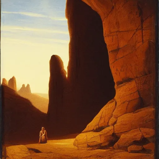 Image similar to a young girl stands next to a stone colossus, in front of a temple, in a large desert cave, dramatic lighting, hudson river school