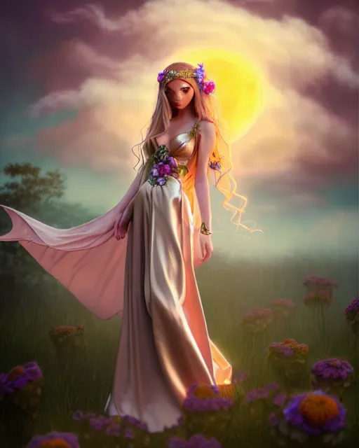 Prompt: photo of elf in long satin evening dress, flowers in hair, fantasy character portrait, soft clouds, floral sunset, ultra realistic, concept art, intricate details, cinematic, highly detailed