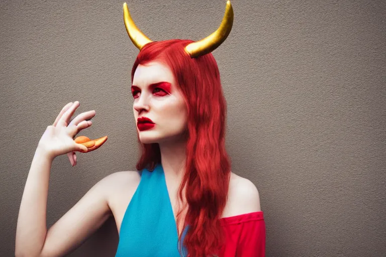 Image similar to pretty demon girl with horns photograph in the style of clemens ascher, colorful, realistic, 8 k