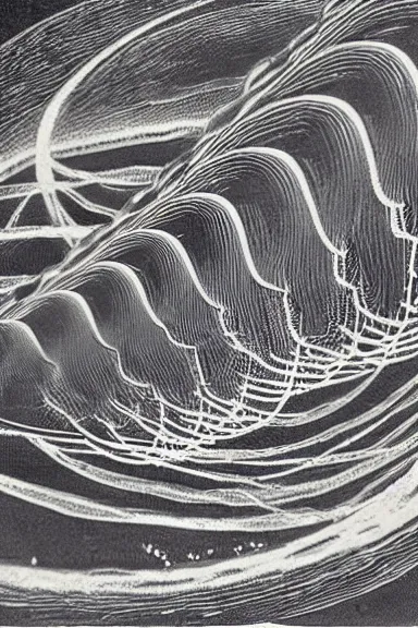 Prompt: A vintage scientific illustration from the 1970s of squid swimming in an endless vortex of squid