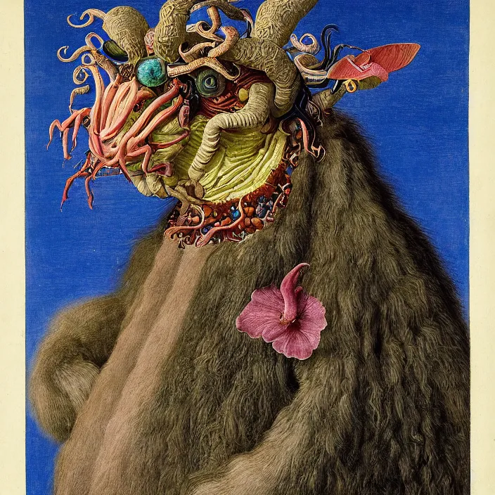 Image similar to close up portrait of a mutant monster creature with white fluffy moth pouf, exotic lily ears, psychedelic dark blue coral protuberances, cuttlefish pulsing malachite tendrils. by jan van eyck, walton ford